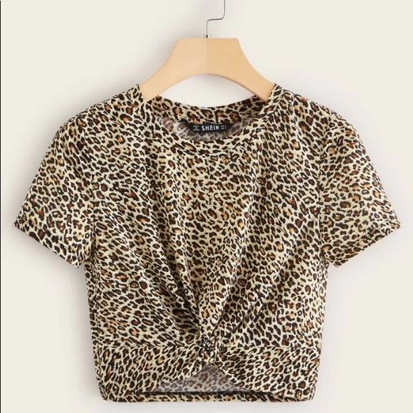 Tops - Leopard Print Twist Hem Short Sleeve Tee L…